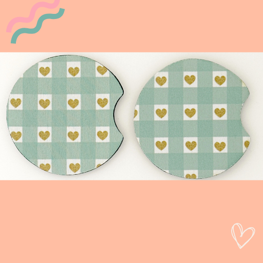 LIGHT GREEN PLAID WITH GOLD HEARTS CAR COASTERS