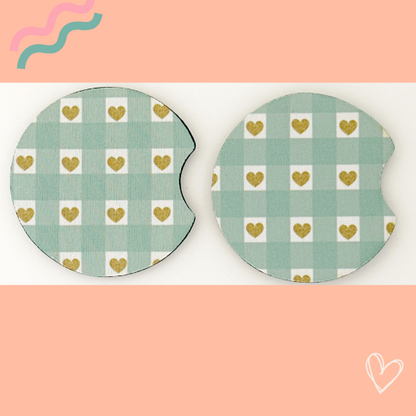 LIGHT GREEN PLAID WITH GOLD HEARTS CAR COASTERS