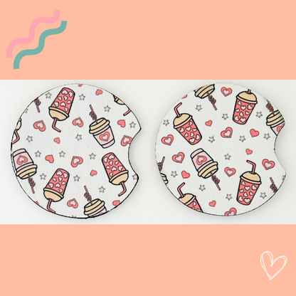 ICED COFFEE CUPS AND HEARTS CAR COASTERS