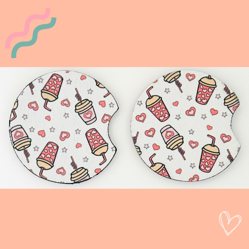 ICED COFFEE CUPS AND HEARTS CAR COASTERS