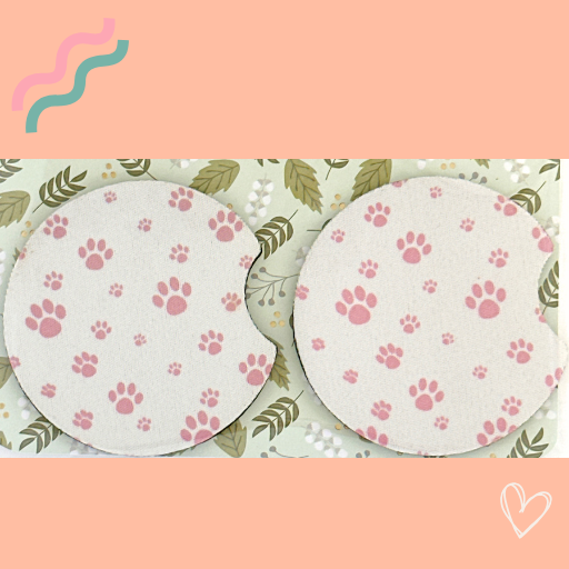 PINK ON WHITE PAW PRINTS CAR COASTERS