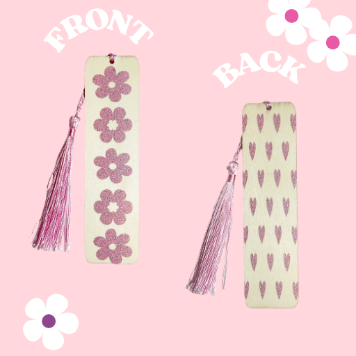 FLOWERS AND HEARTS PINK VINYL ON WOOD BOOKMARK