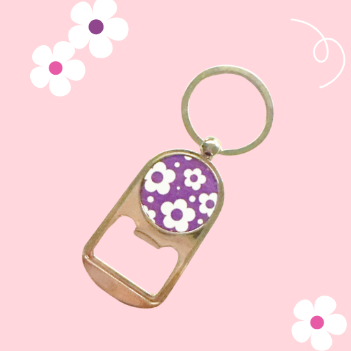 WHITE AND PURPLE FLORAL KEYCHAIN BOTTLE OPENER