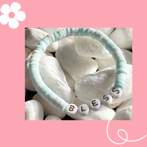 LIGHT BLUE AND WHITE BLESS BRACELET WITH GOLD LETTERS