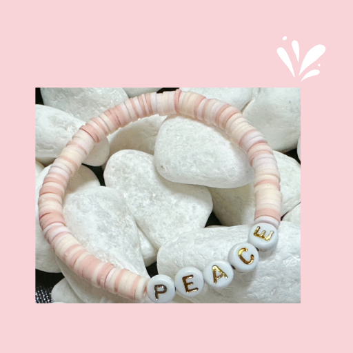 PEACH AND WHITE WITH GOLD LETTERS PEACE BRACELET