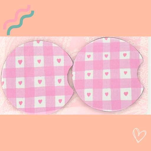 PINK AND WHITE PLAID WITH PINK HEARTS CAR COASTERS